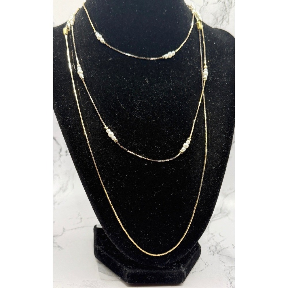 Gold‎ Tone Layered Necklace Set of 2; Pearl Accent Slider Chain 29"